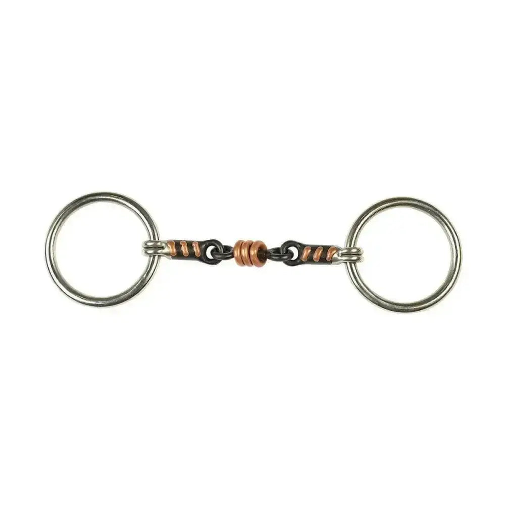 Silver and copper lorina loose ring horse bit with twisted sweet iron roller link design