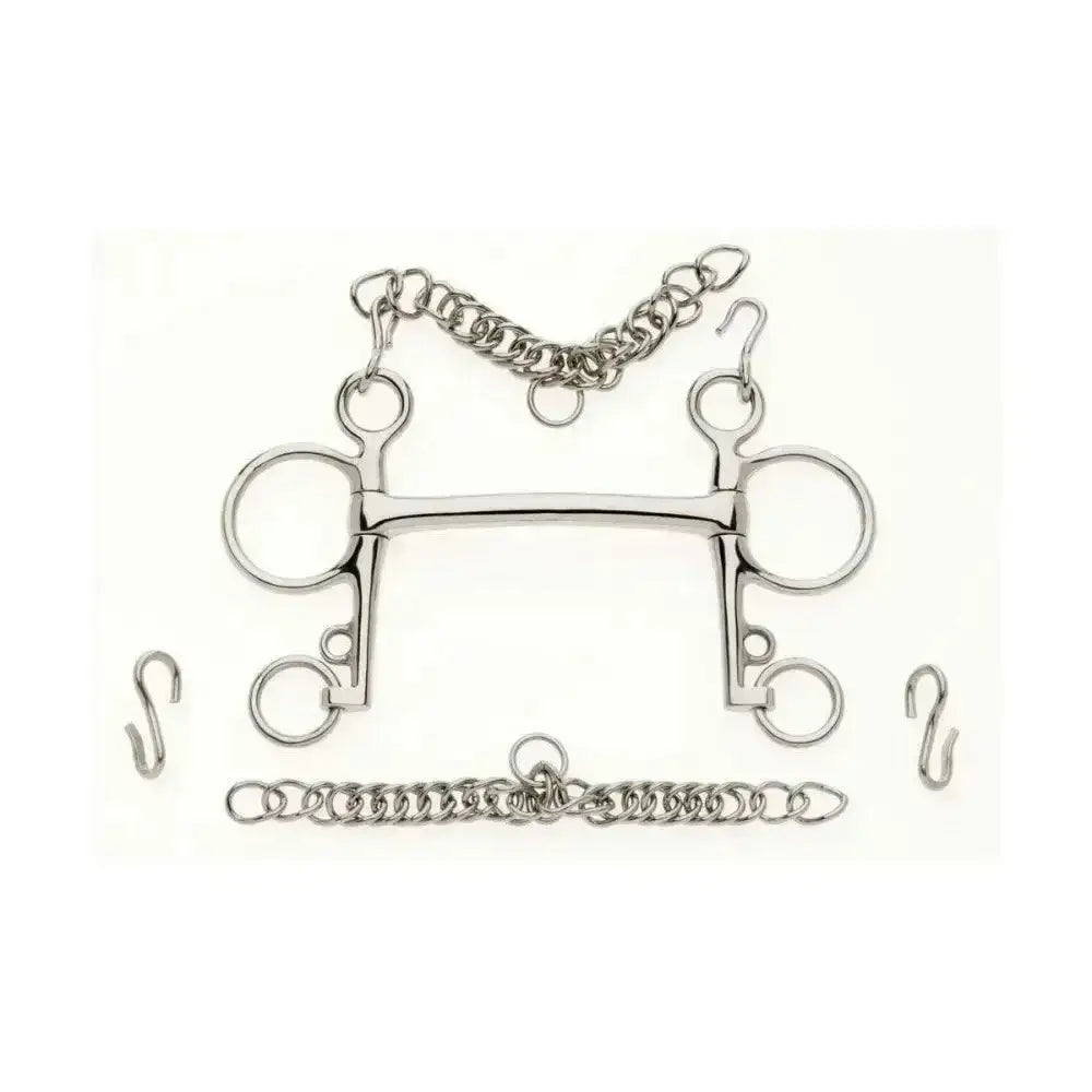 Shiny silver metal lorina mullen mouth pelham bit with two large rings and attached chains featuring curved mullen mouthpiece