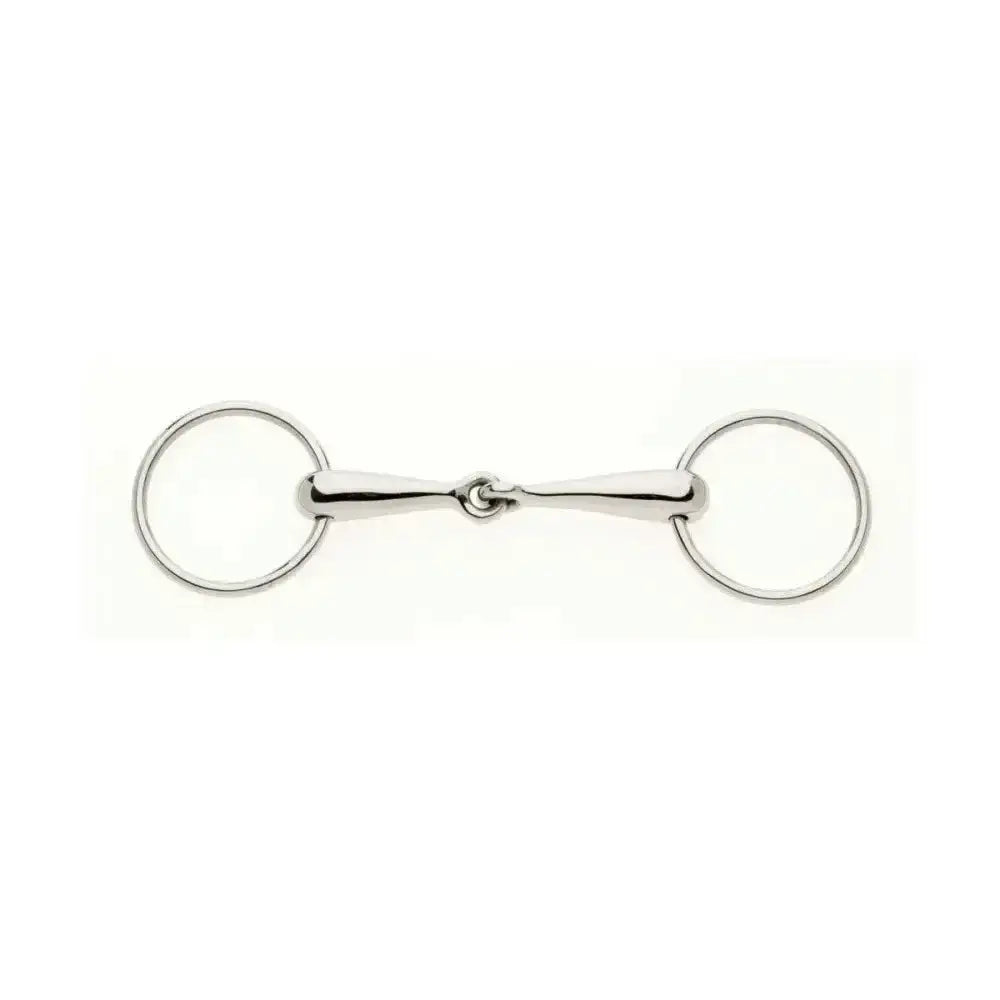 Silver polished metal loose ring snaffle with smooth german hollow mouth and curved design in lorina thin bit