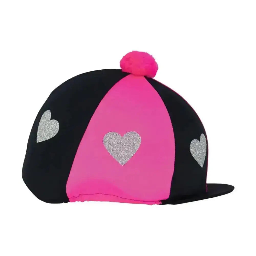Love heart glitter hat cover by Little Rider in pink and black with silver glitter hearts and a pink pom-pom