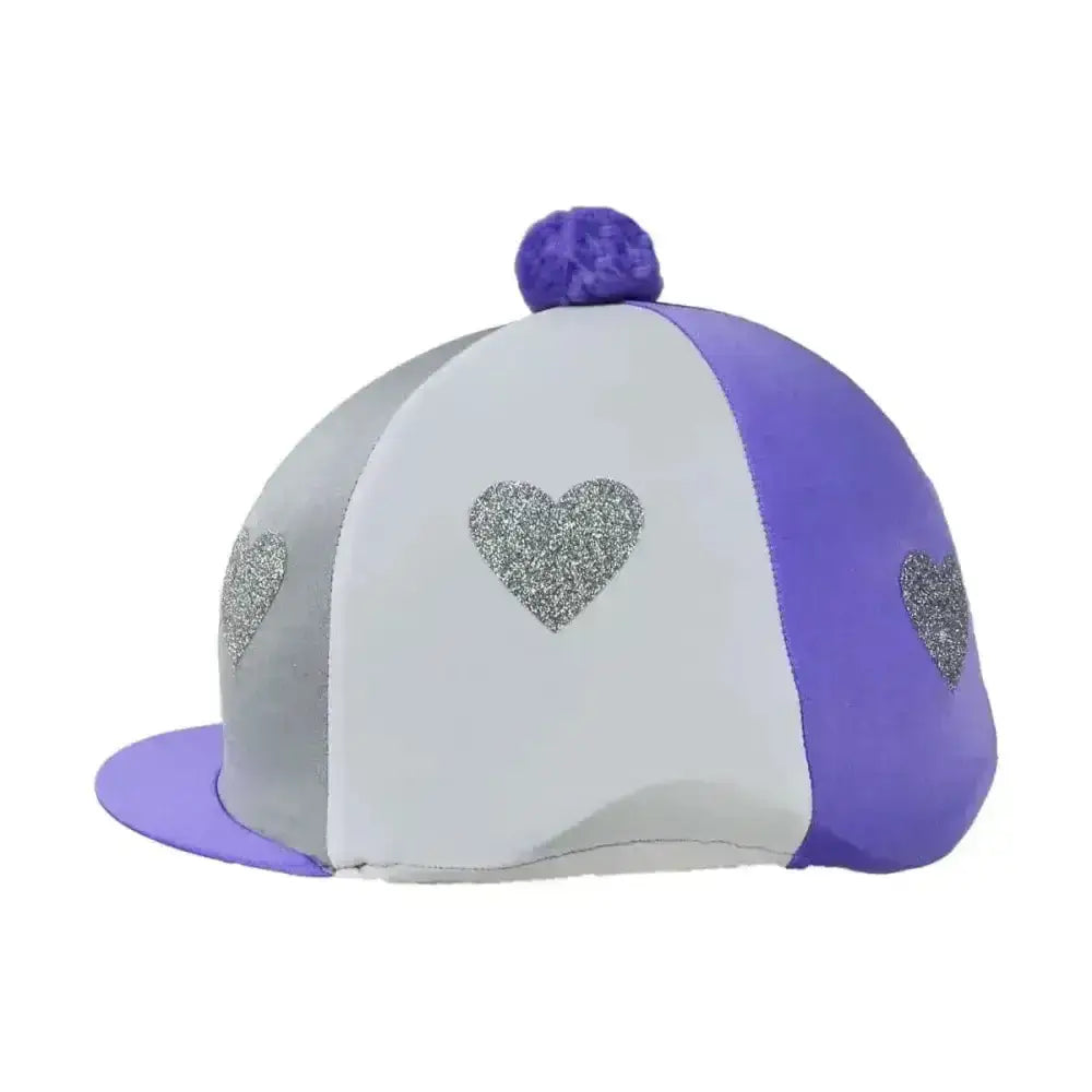 Purple and silver love heart glitter hat cover with glitter heart decals and matching pom-pom by little rider