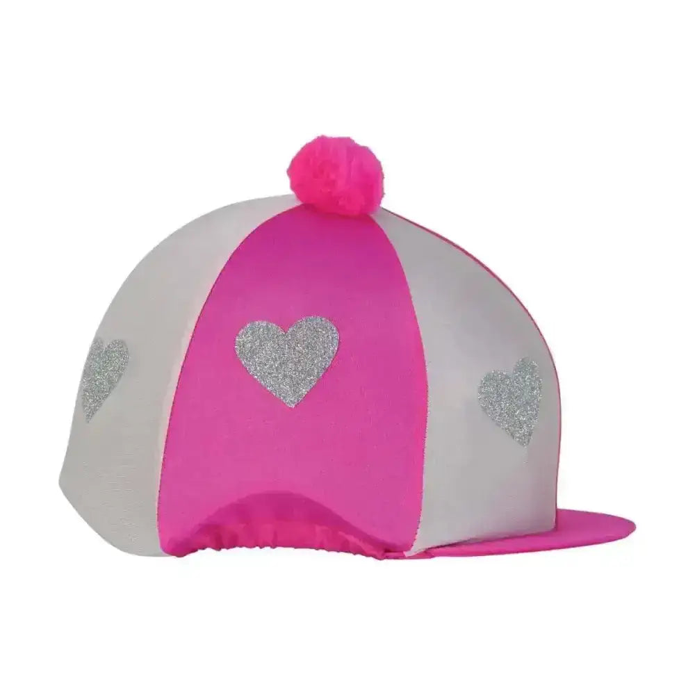 Pink and white striped love heart glitter hat cover with glitter hearts and pink pom-pom by little rider