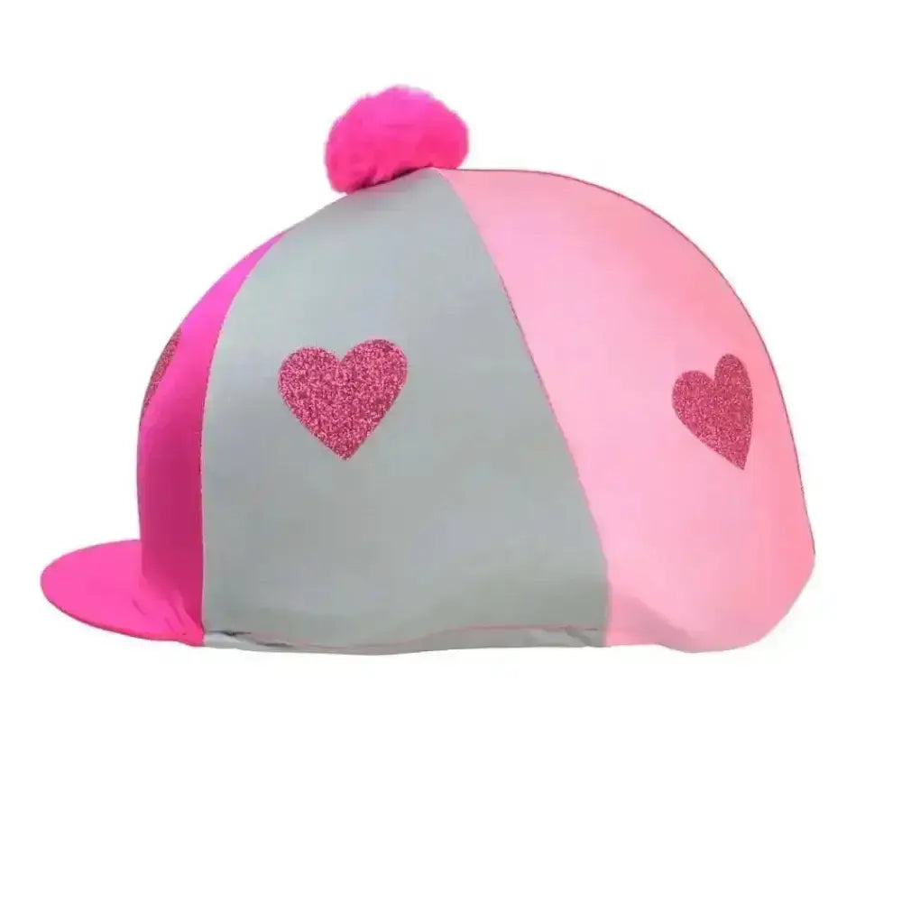 Pink and gray horse hood love heart glitter hat cover with glitter hearts and pink pom-pom by little rider