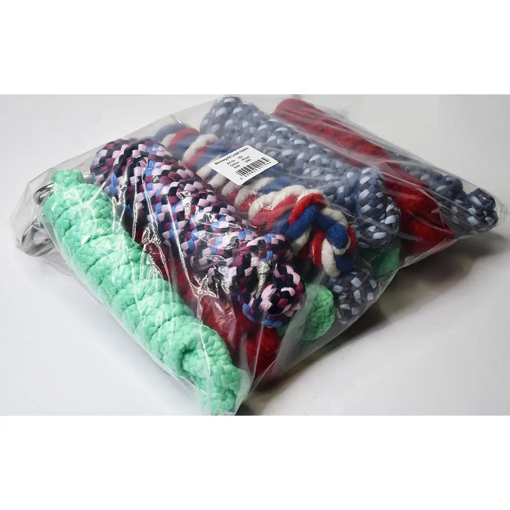 A colorful mixed pack of 10 luxe leadropes with braided rope patterns and trigger clip for horse halters and dogs