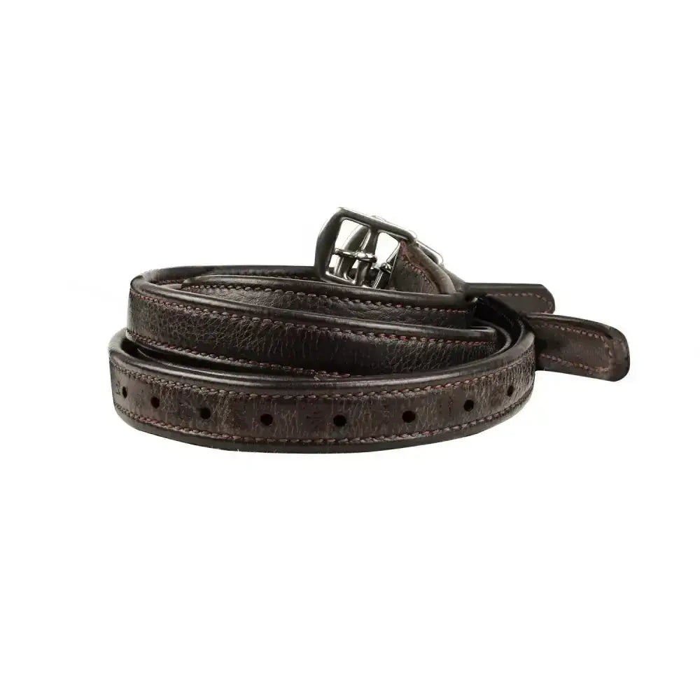 Luxury stirrup leathers brown made of dark brown leather with silver buckle and contrast stitch luxury detailing