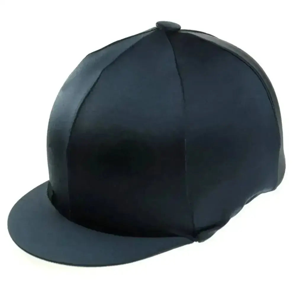 Black lycra hat cover made of stretchy lycra with a smooth glossy finish and flat brim in single colour design