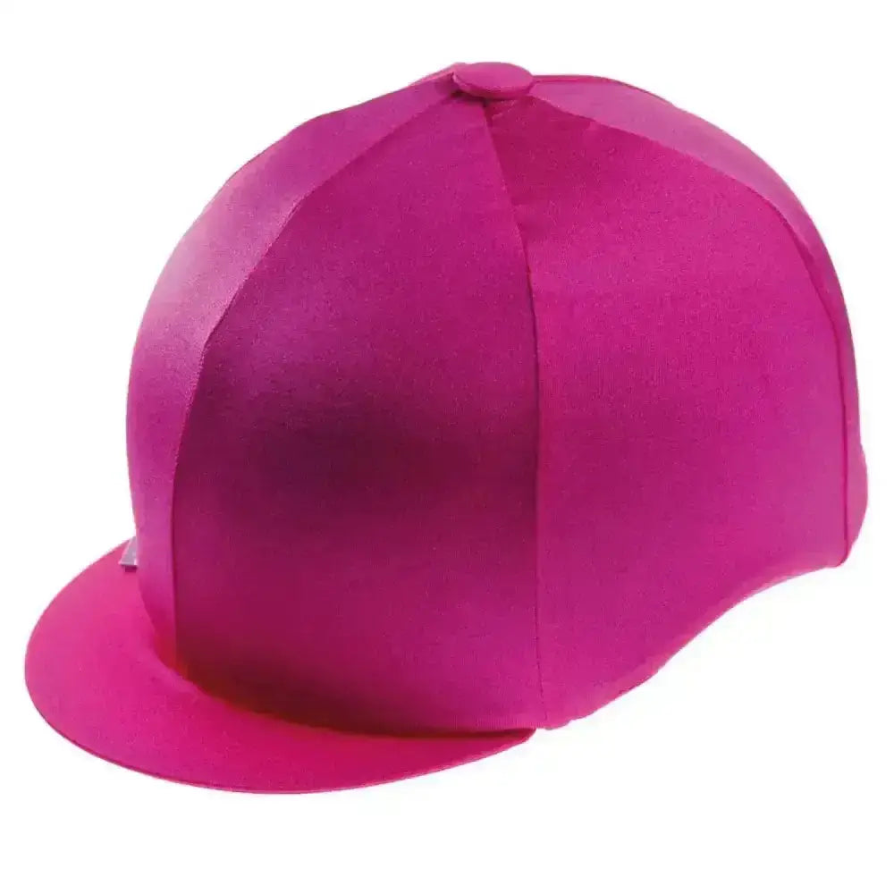 Vibrant fuchsia lycra hat cover with smooth satin finish and structured panels perfect as a stretchy colour hat cover