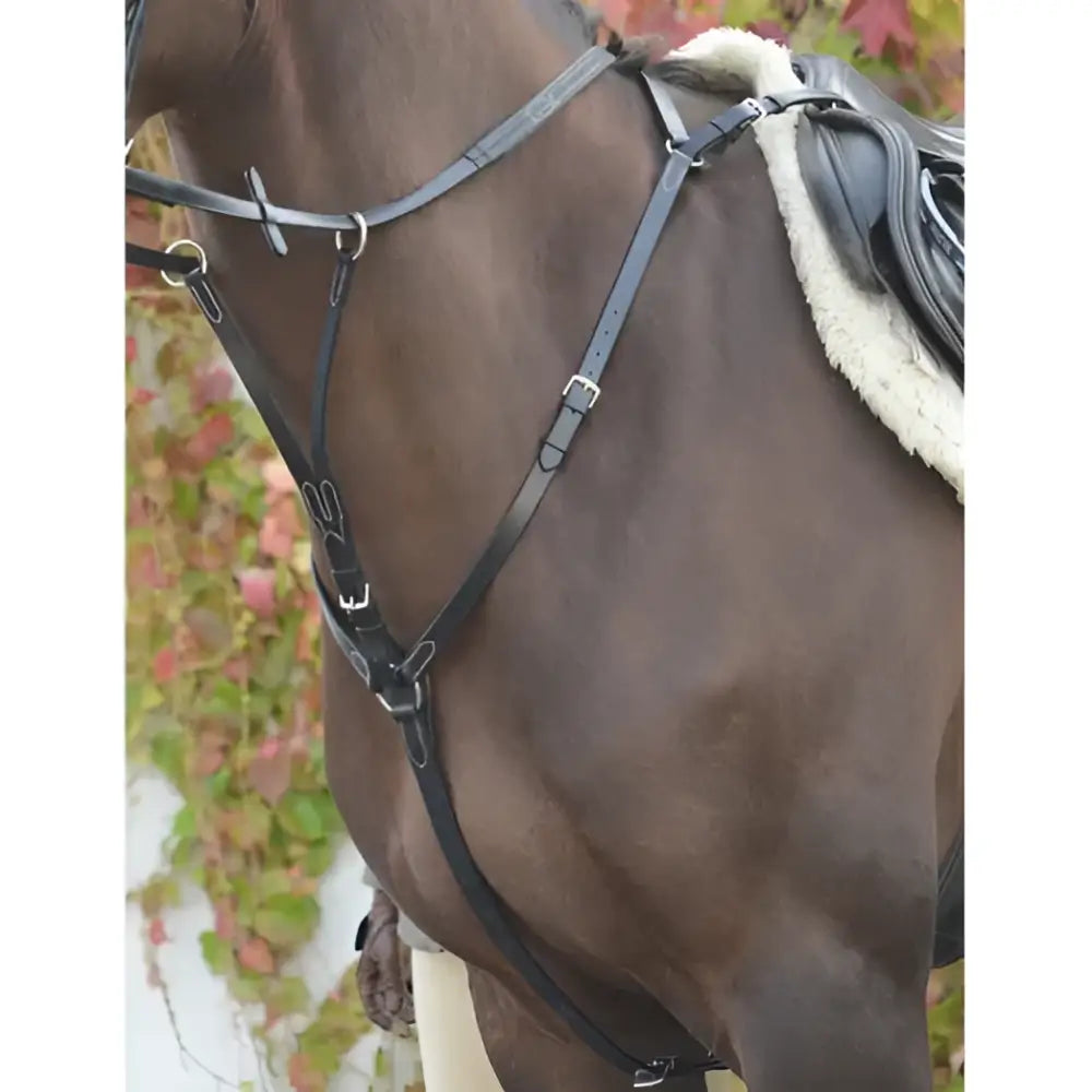 Black leather mackey classic hunting breastplate with silver hardware and adjustable straps with martingale attachment