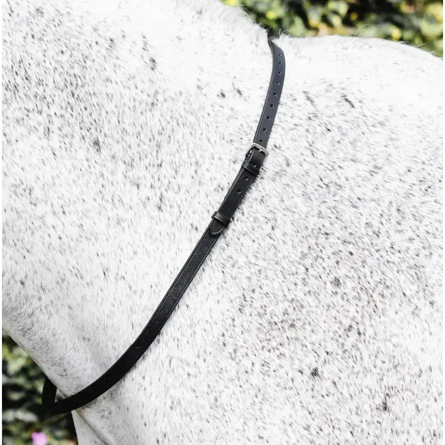 Black leather mackey classic leather neck strap with silver buckle and multiple adjustment holes for secure fit