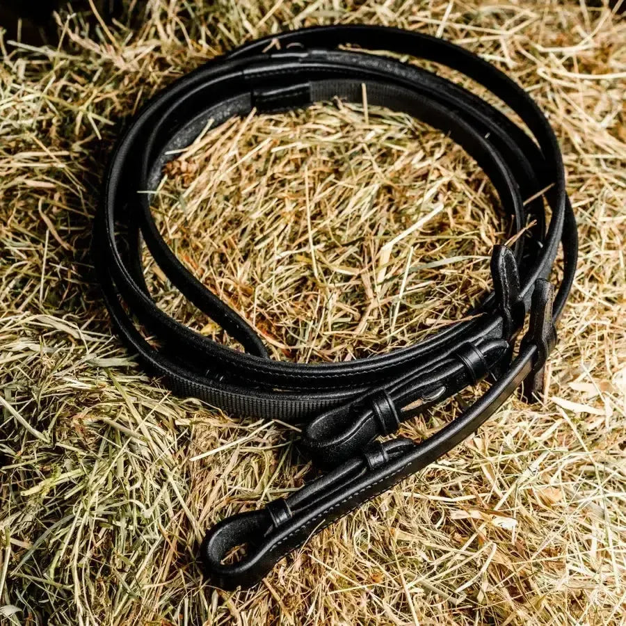 Mackey Classic Leather One Sided Rubber Grip Reins Black Pony 3/4" Half Rubber Reins