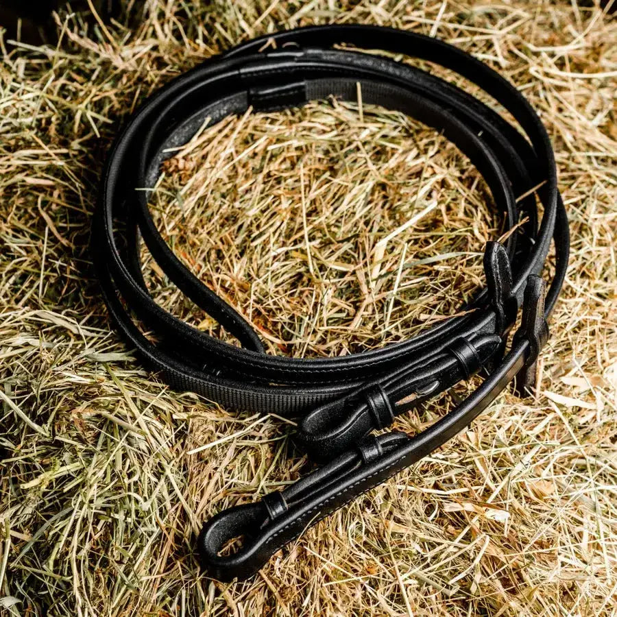 Black leather mackey classic leather one sided rubber grip reins with smooth glossy finish and stitched edges