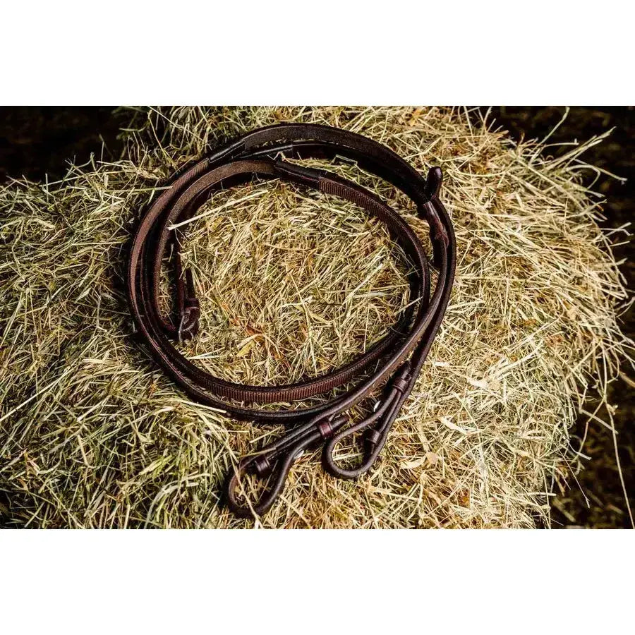 Dark brown leather mackey classic leather sided rubber grip reins with smooth finish and reinforced stitching edges
