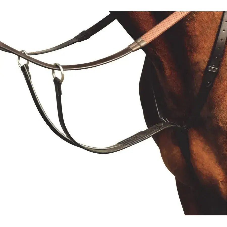 Black leather mackey classic running martingale with silver hardware and padded browband for riding control