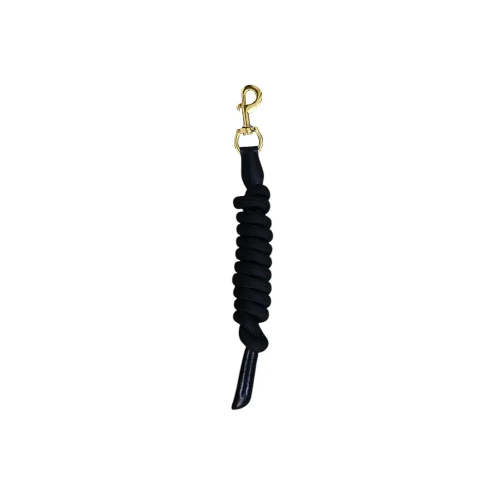 Black coiled rope mackey lasso leadrope with gold metal clip and black leather end for horse leading