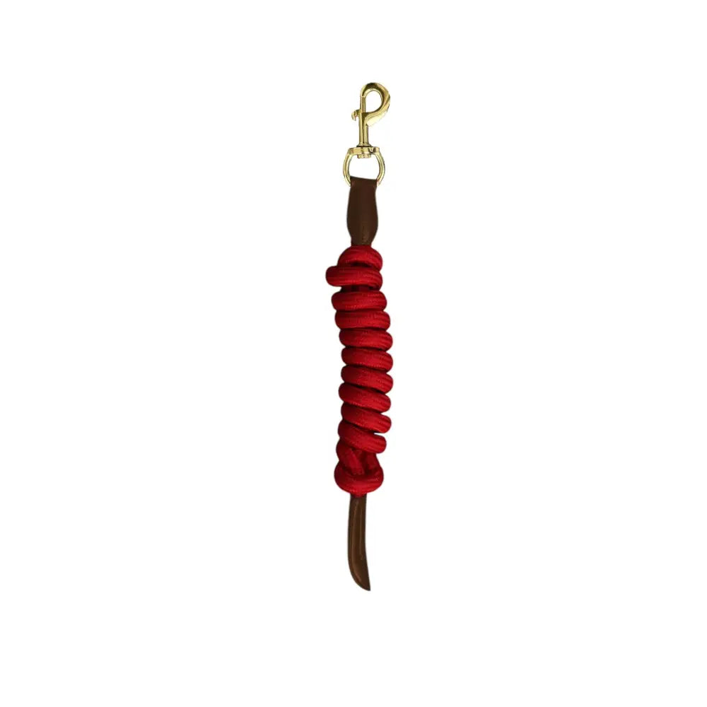 Red braided mackey lasso leadrope with gold-tone swivel hook and brown leather ends for durable handling