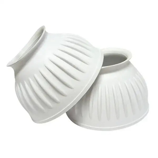 White ribbed mackey pull-on overreach boots for horses designed as durable equestrian overreach boots