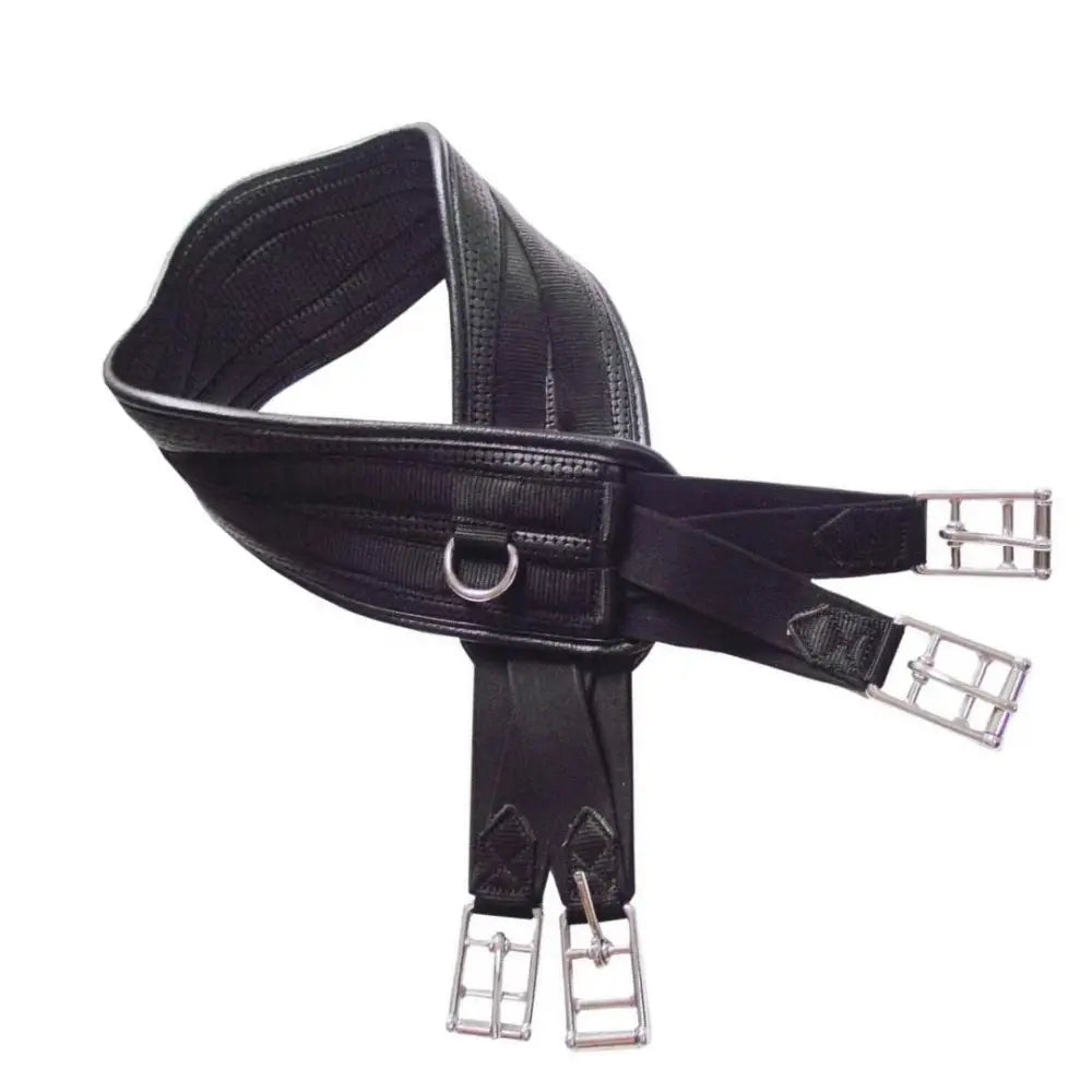 Black leather mackey shaped waffle girth with silver buckles and central d-ring for secure saddle fit