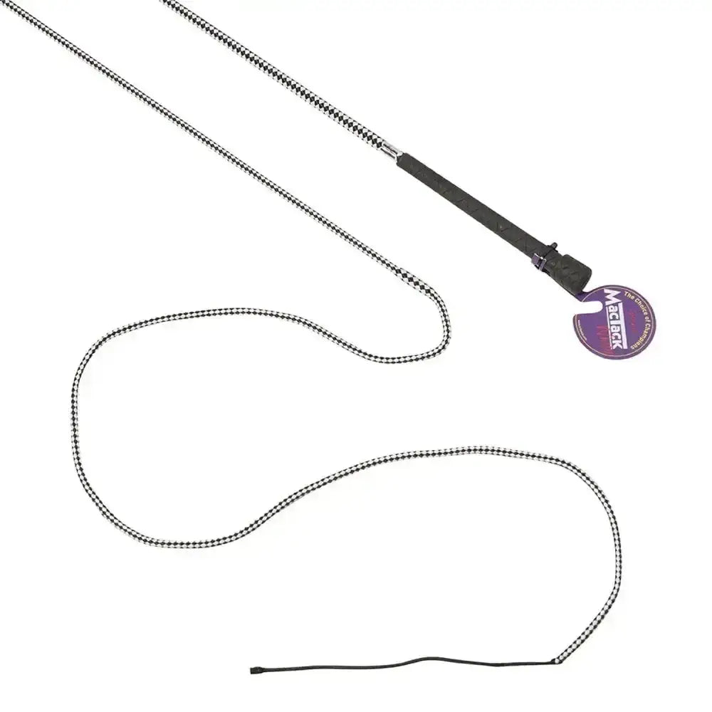 Black and silver mactack dealer whip r417 with textured grip handle and two-tone diamond fabric for riding use