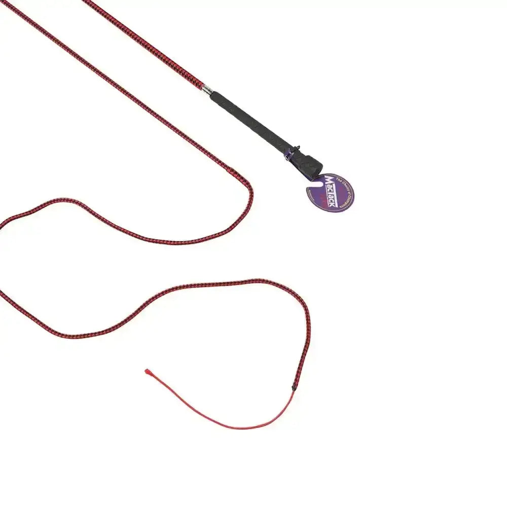 Maroon braided mactack dealer whip r417 with black handle and purple brand tag made from two-tone diamond fabric