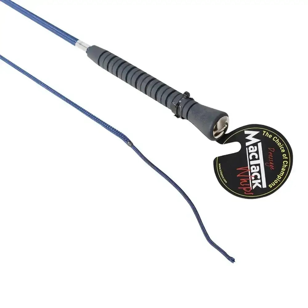Blue mactack dressage whip cw35 with textured black grip and braided cord for precision control