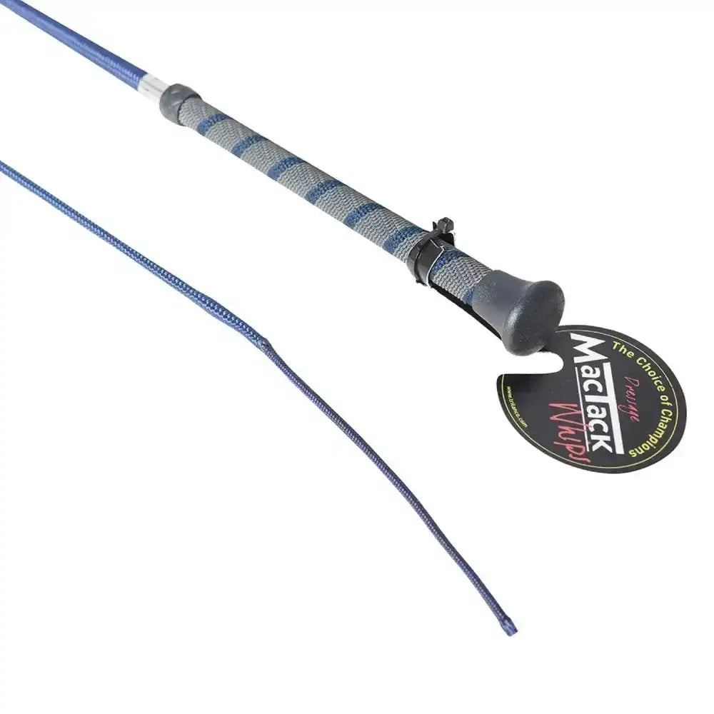 Blue and gray striped mactack dressage whip cw37 with twisted easy-grip handle and black grip for riding