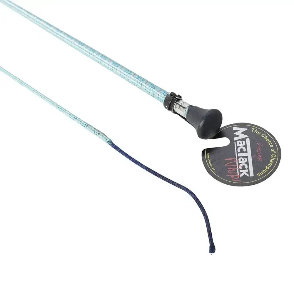 Mactack dressage whip s114 with a light blue textured grip and black handle featuring coloured sparkle braided design