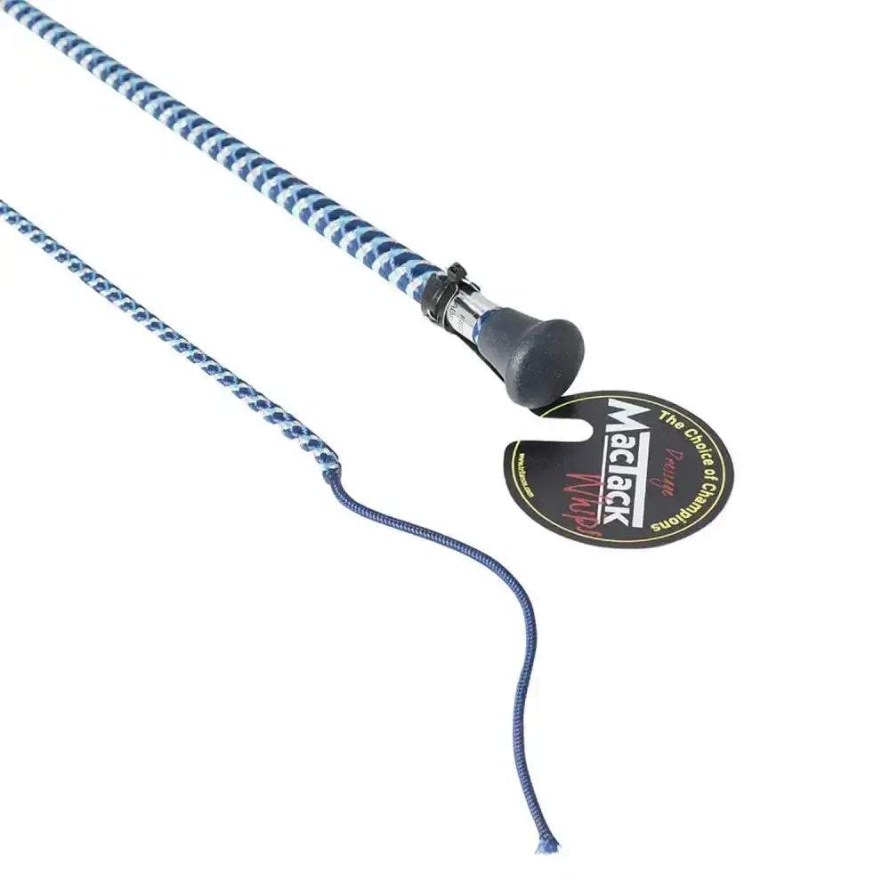 Blue and white striped mactack dressage whip with gold metallic fleck s159 and a black grip for riding control