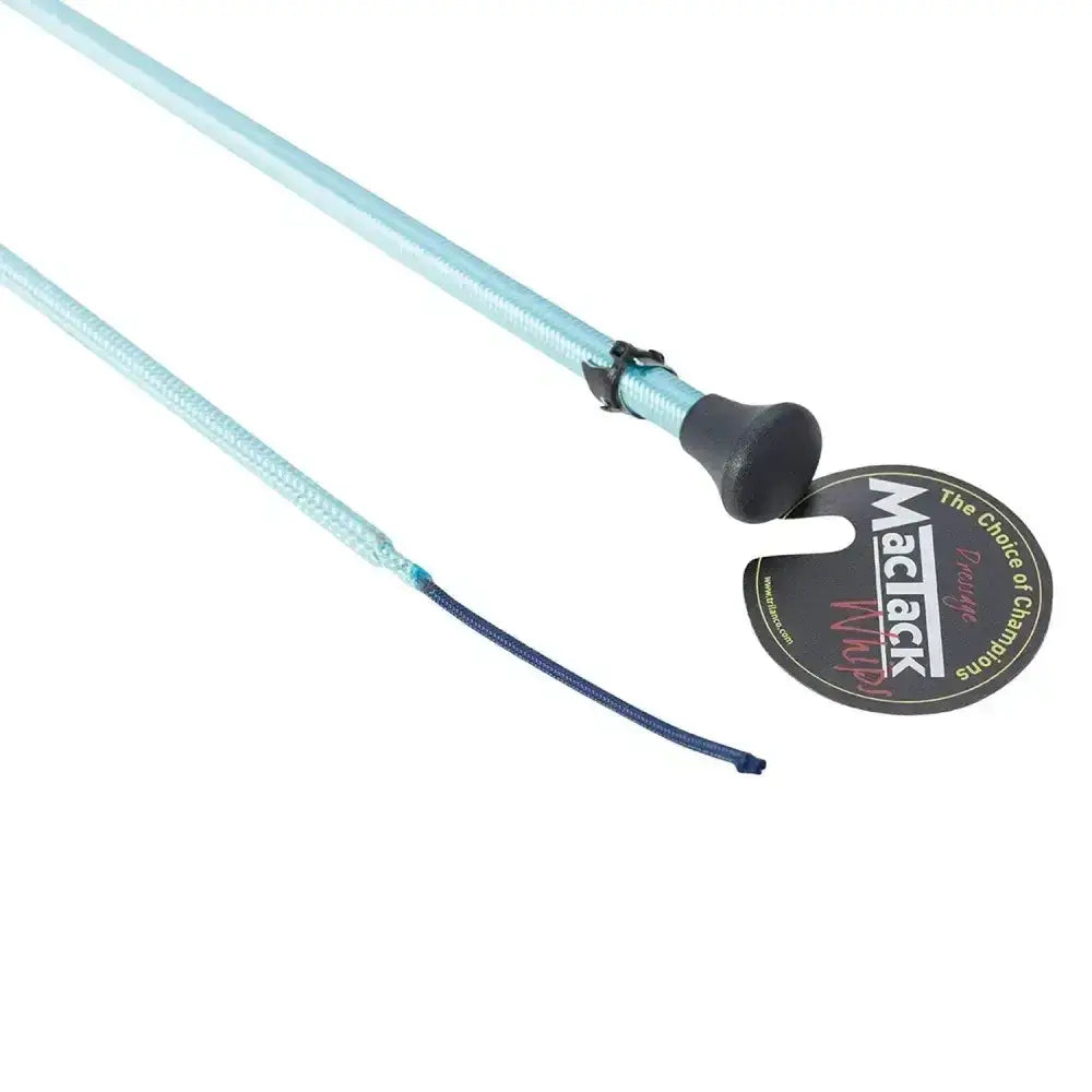 Light blue macjack junior dressage whip with black grip and dark blue braided end cw9 bmc junior model
