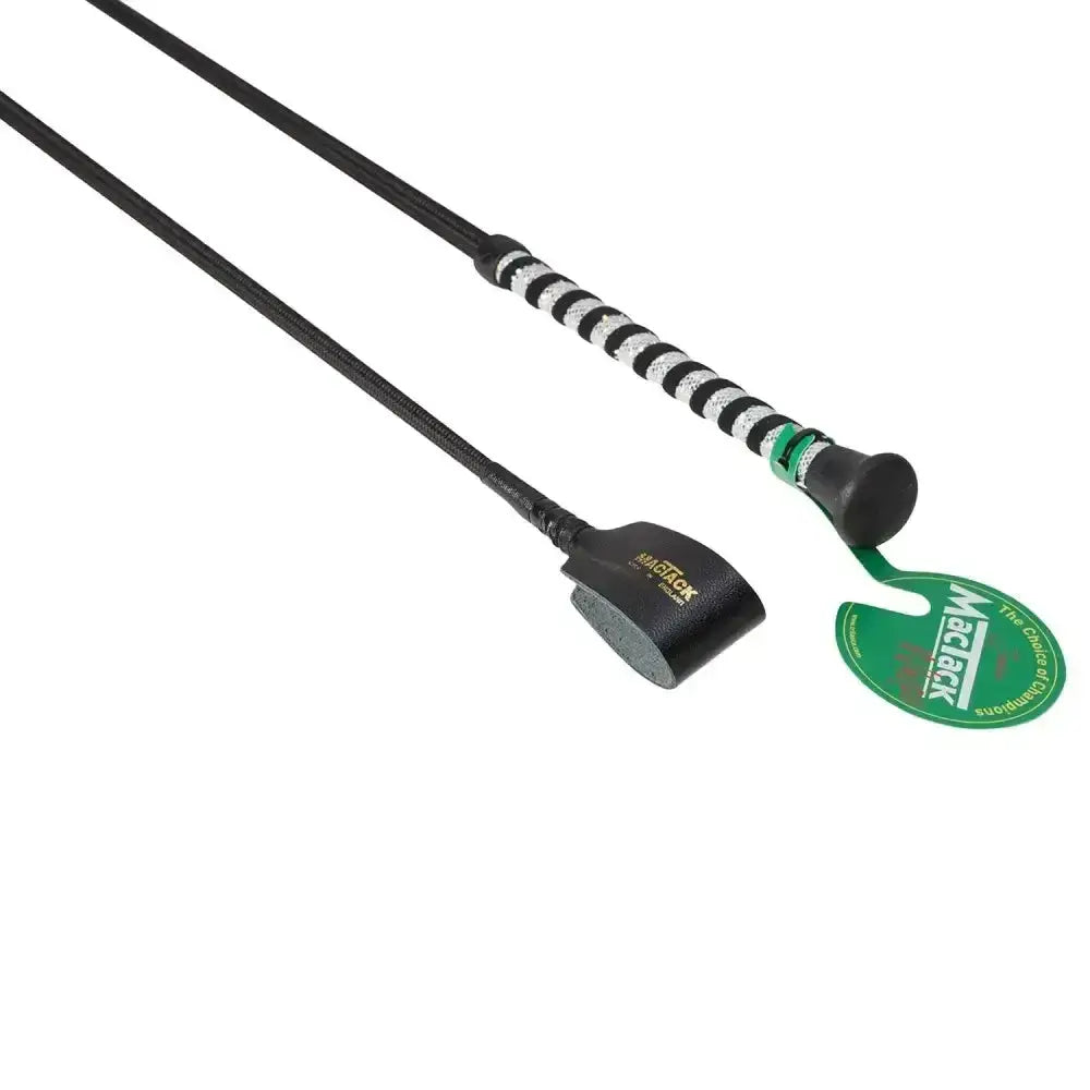 Black mactack junior riding whip with striped glitter handle grip and rubber tip for comfortable use