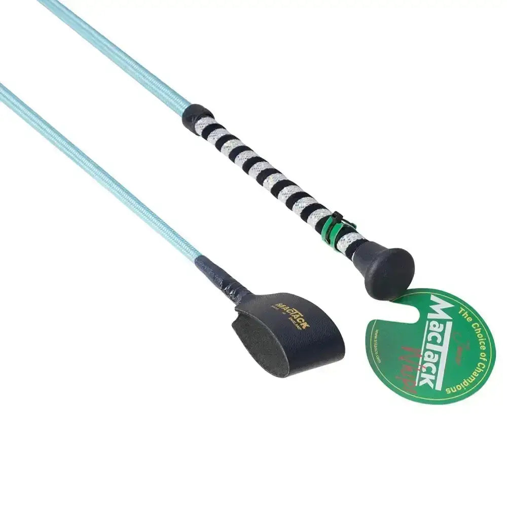 Maclack junior riding whip with light blue flexible shaft black and white striped grip and glitter handle for riding fun