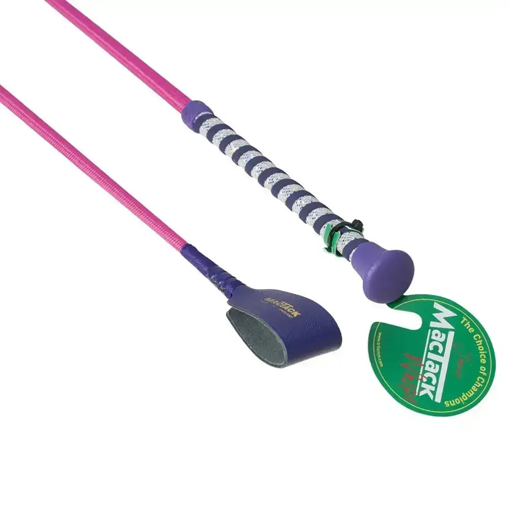 Pink and purple mactack junior riding whip with striped glitter handle and keeper for young riders