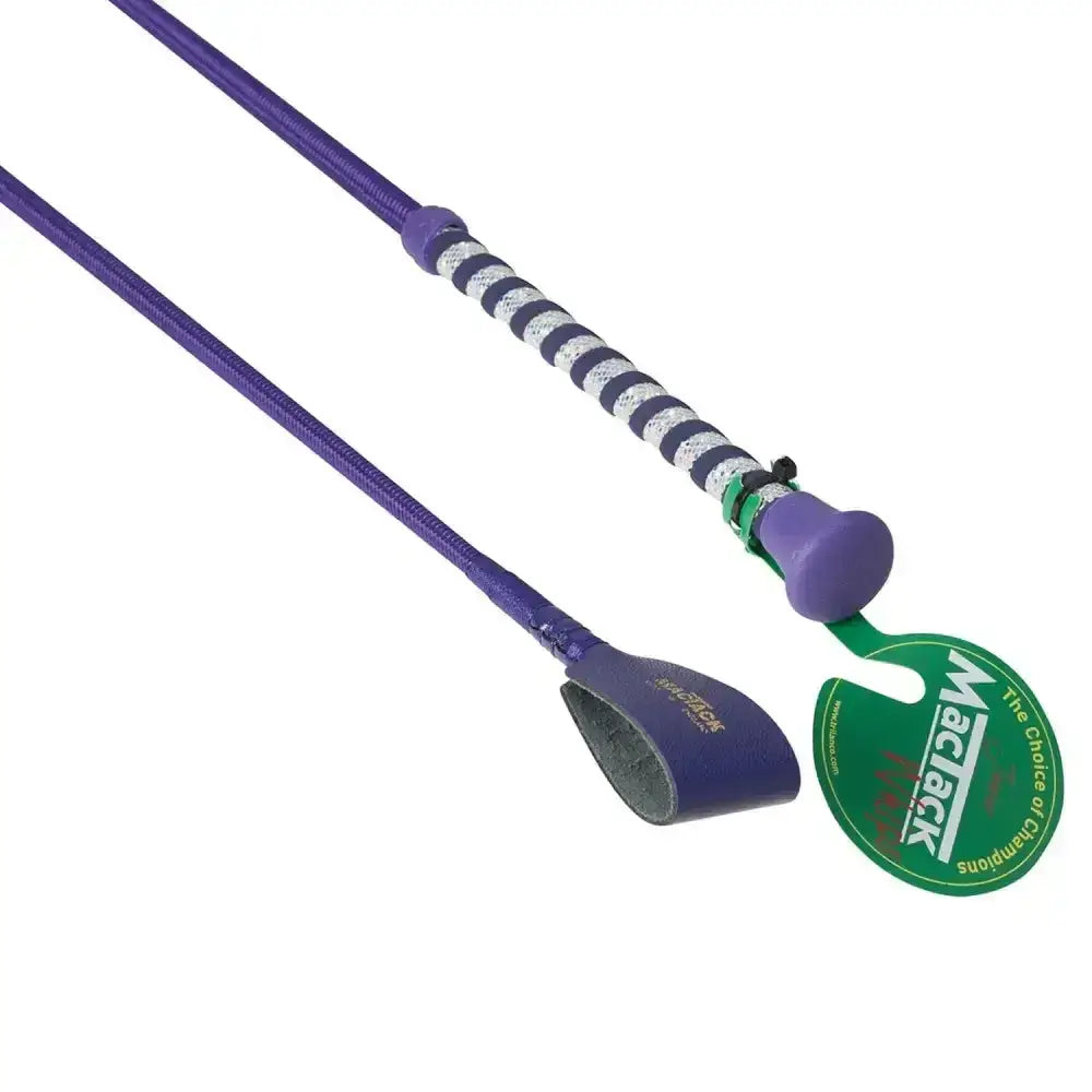 Purple mactack junior riding whip with glitter handle leather grip and striped design for riding use