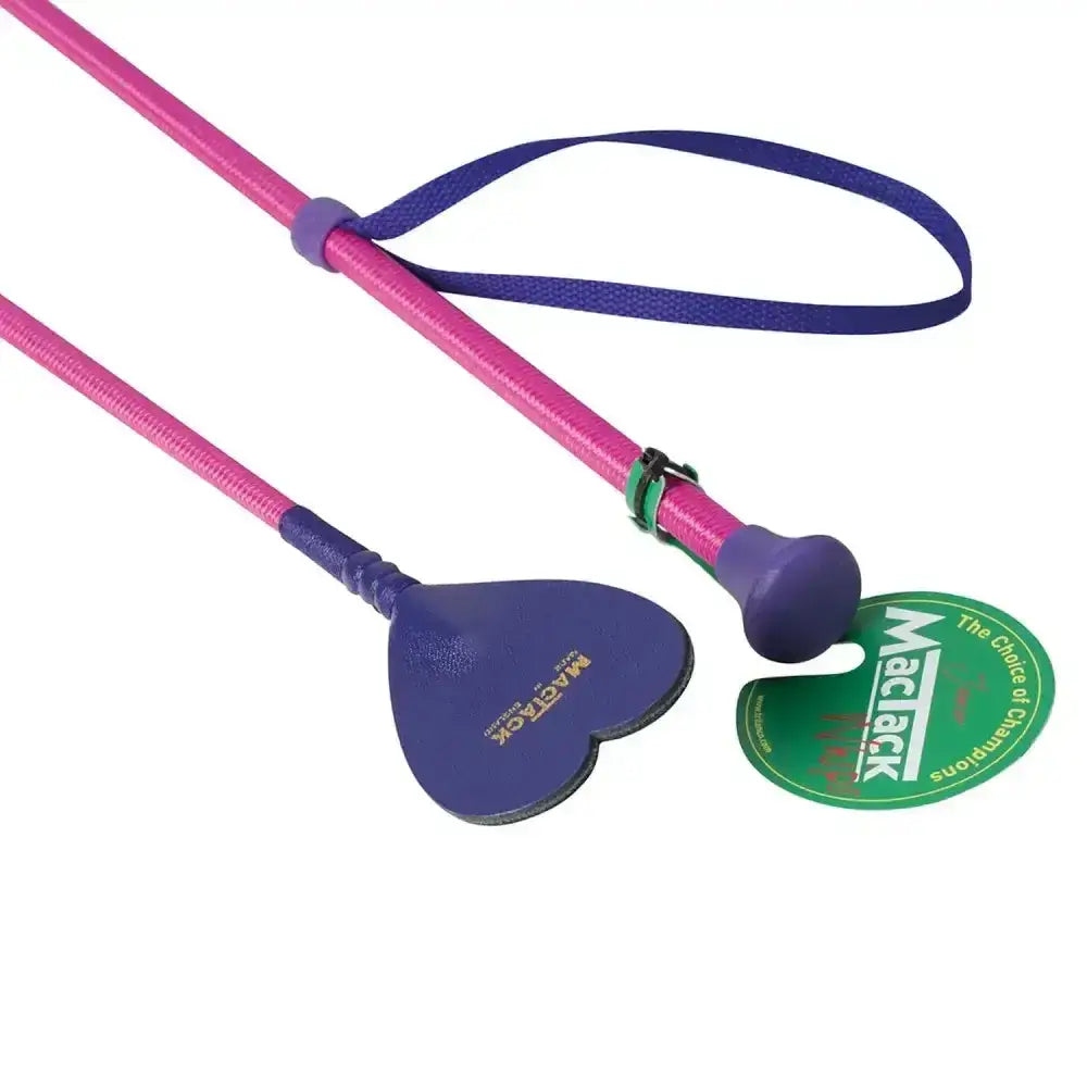 Pink and purple heart-shaped mactack junior riding whip with heart keeper cw67 and green tag visible