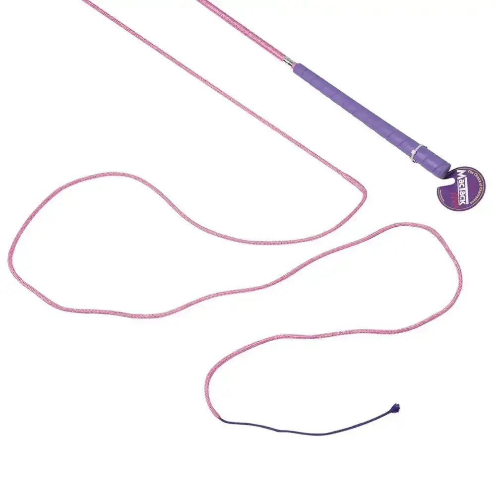 Purple-handled mactack lunge whip r448 with pink braided cord and circular metal tip for easy horse training control