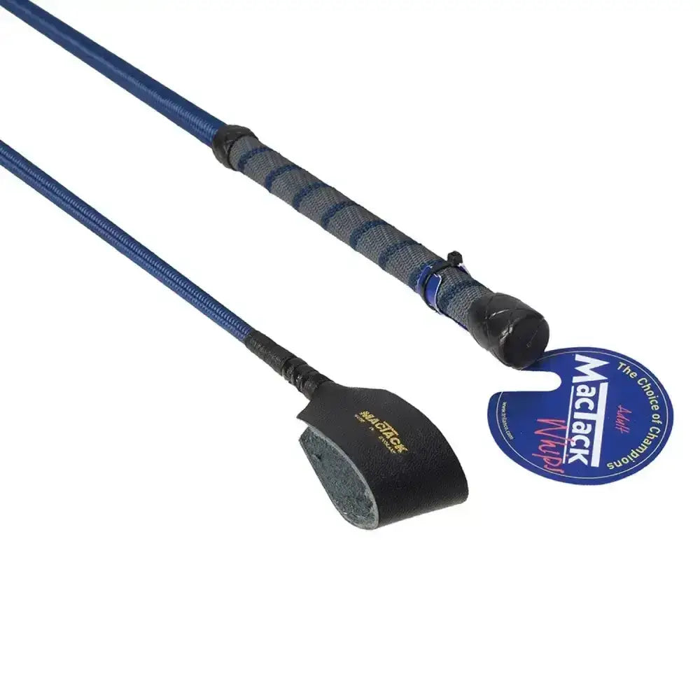 Blue mactack mens riding whip with wide keeper cr4 padded head and black textured grip for horse riding