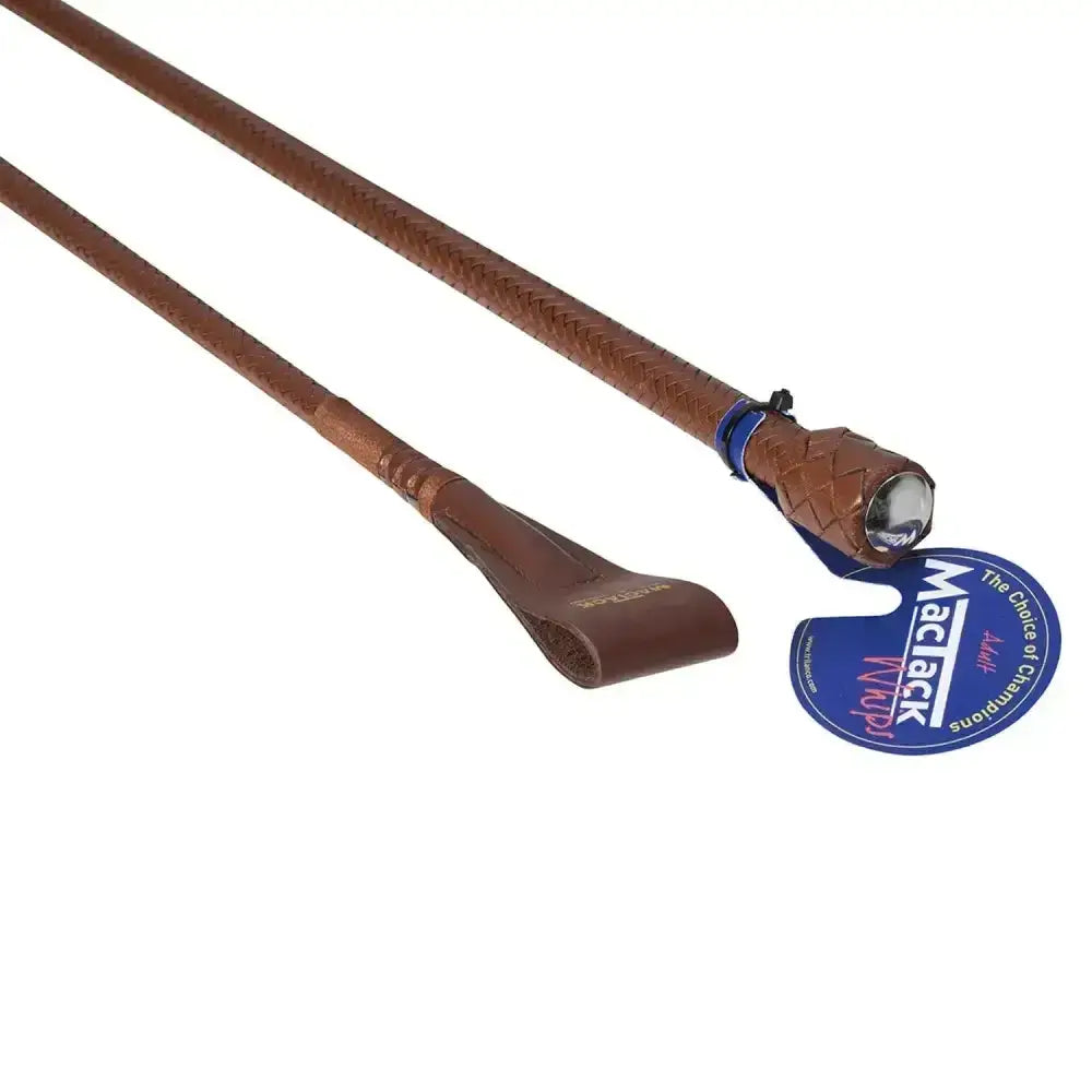 Brown leather mactack mens riding whip with braided handle wide keeper cr4 silver tip keeper cr4 riding whip