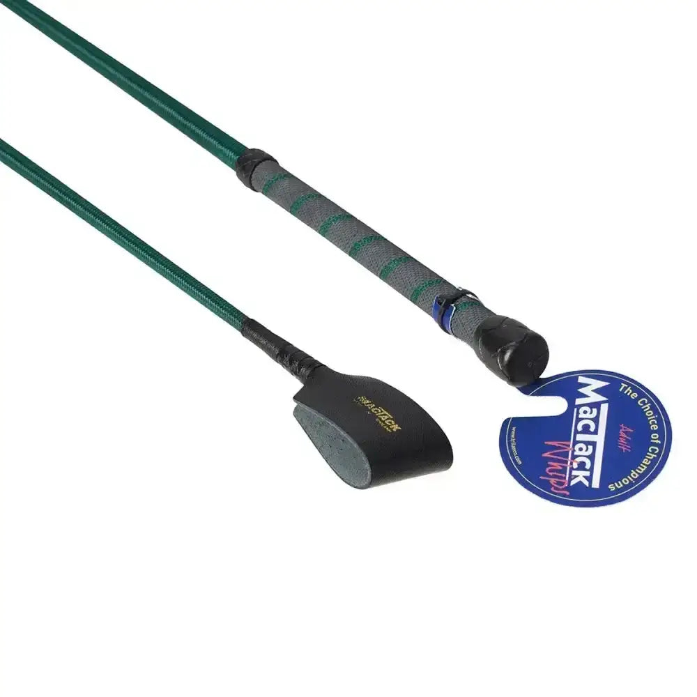 Green and gray mactack mens riding whip with wide keeper cr4 and black rubber tip riding crop