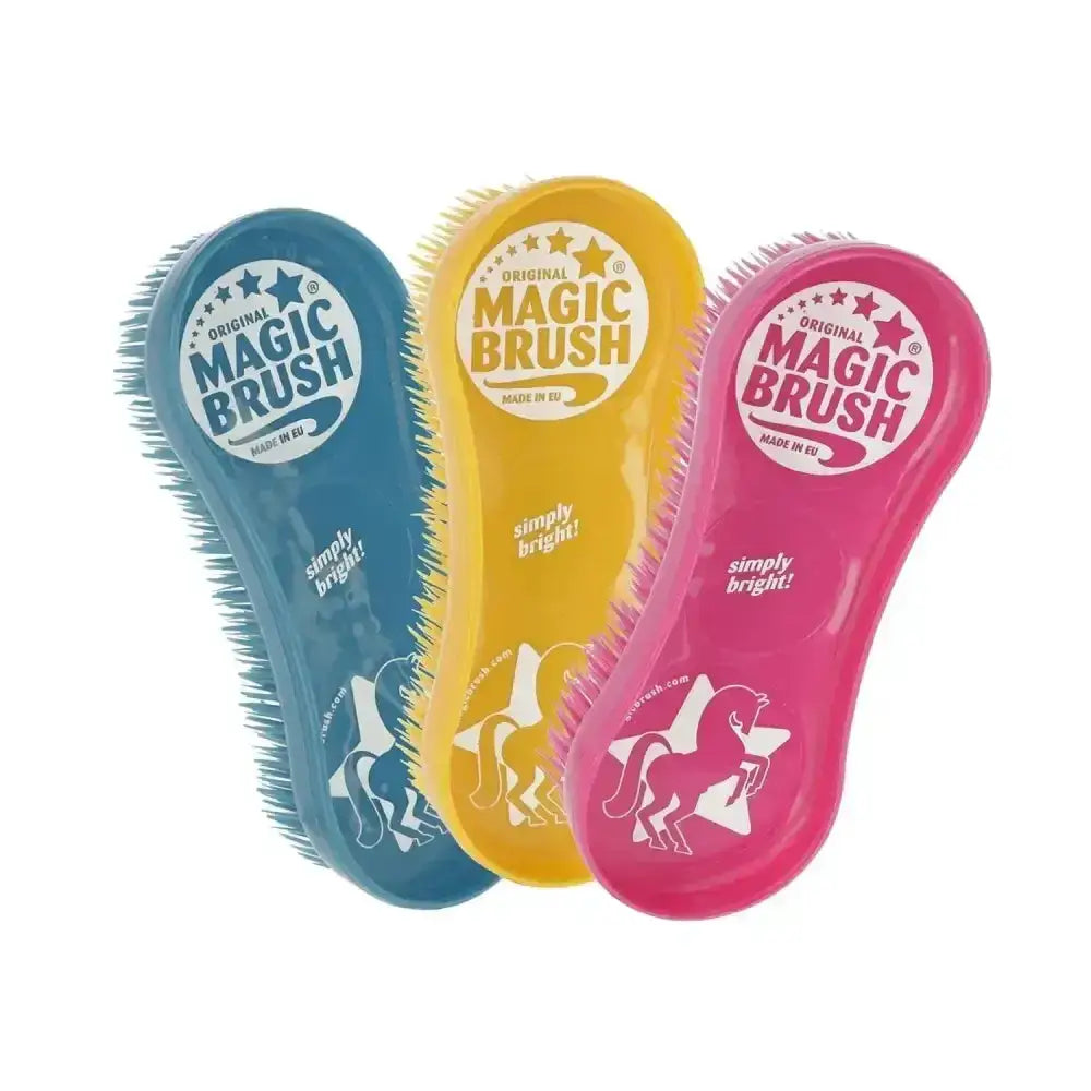 Three brightly colored horse grooming brushes in blue yellow and pink with unicorn designs from magic brush pack