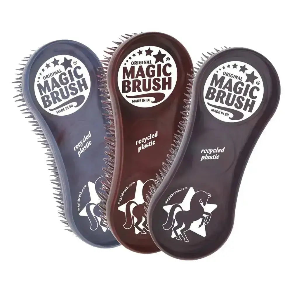 Three original magic brush pack horse grooming brushes in dark blue brown and black recycled plastic with white star logos