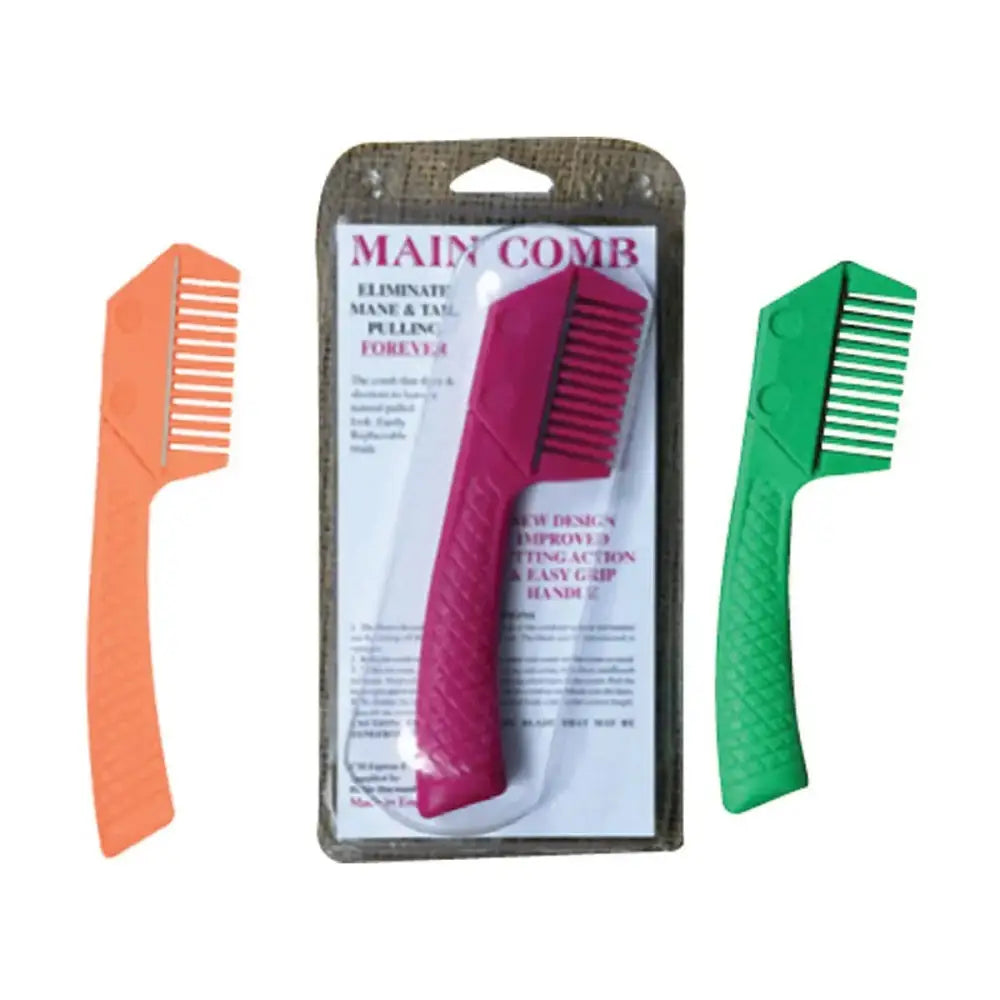 A vibrant pink plastic main comb mane with textured grip and straight teeth for triple action tail thinners displayed with orange and green variants in packaging