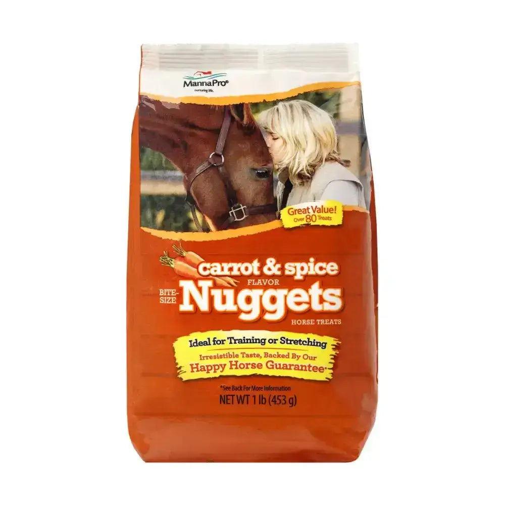 Orange bag of manna pro bite size nuggets carrot and spice flavor horse treats for easy feeding