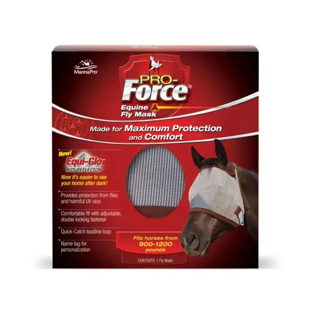 Red and white manna pro force standard fly mask with mesh design for equine fly protection