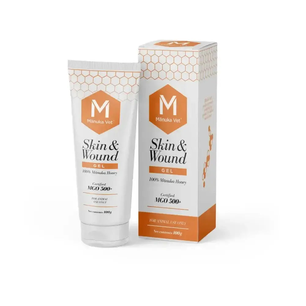 Manuka vet skin and wound gel in white tube with orange hexagonal branding containing 100% manuka honey mgo 500+ for skin abrasions