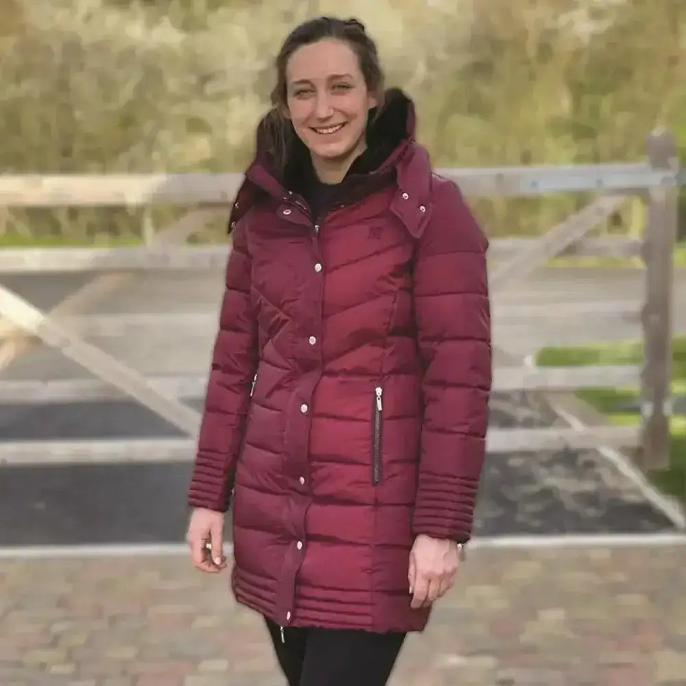 A maroon mark todd coat deluxe long padded winter coat with quilted design hood and front zipper closure