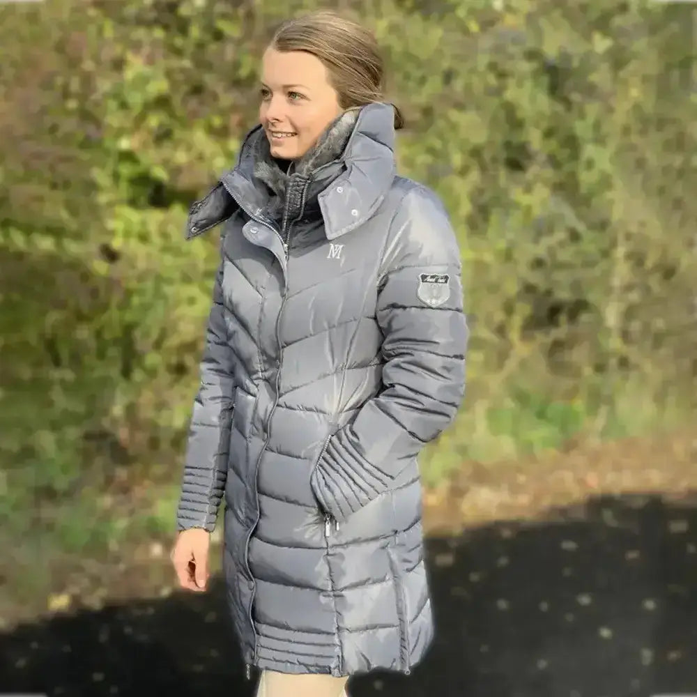 Gray quilted mark todd coat deluxe long padded winter coat with high collar and subtle branding on chest and sleeve