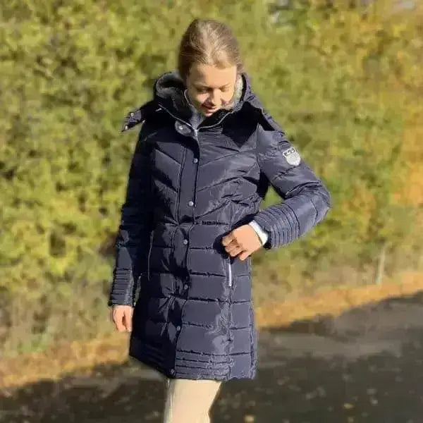 Navy blue quilted deluxe long padded mark todd coat with hood and button closure for winter wear