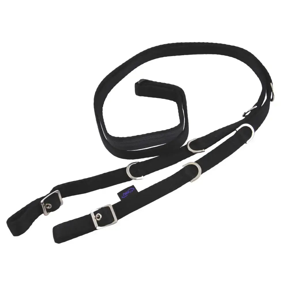Black fabric harness with silver dee rings and buckles made from 19mm soft webbing for pony 110cm reins only