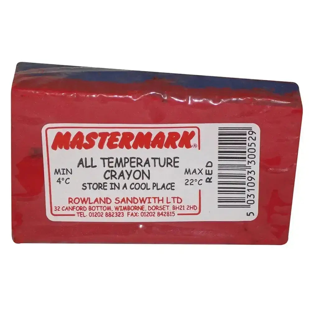 Red mastermark all temperature ram crayon in rectangular block wrapped in clear plastic with printed label details