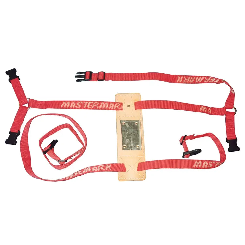 Red mastermark ny-felt ram harness with black plastic closures and wooden plate with metal attachment point