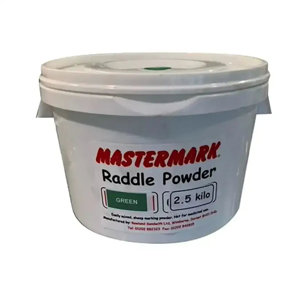 White plastic container of mastermark raddle powder green 2.5 kilo for mixed sheep marking and raddle powder efficient use